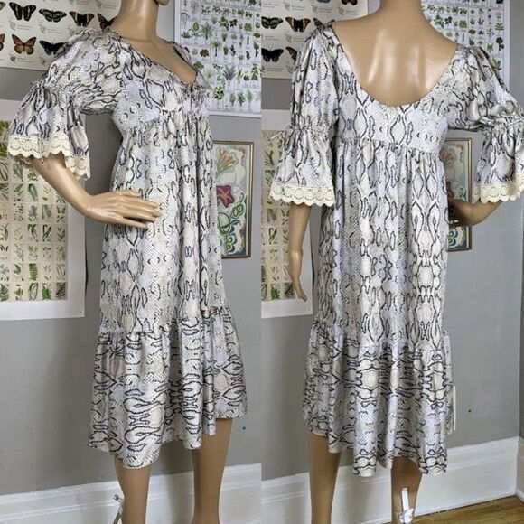 NWT Selkie Tent Dress Snakeskin Print Floral Crochet Puff Cottagecore Small - Picture 2 of 12